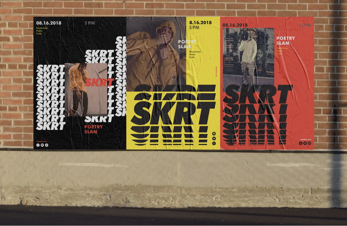 skrt posters on a brick wall